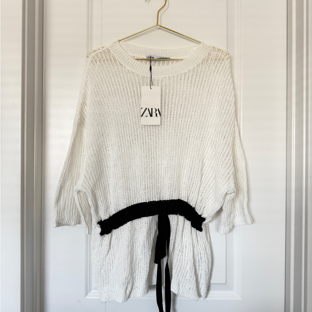 NWT Zara Ivory Knit Top with Black Waist Tie